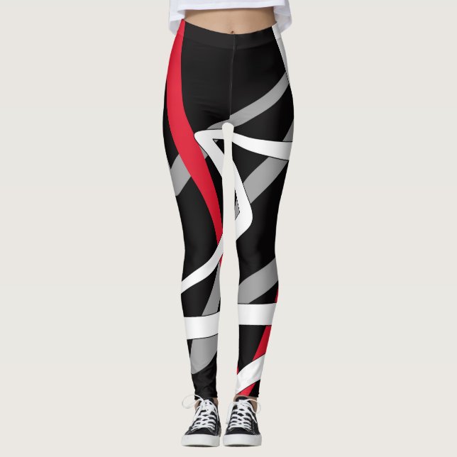 Leggings, abstract design, black, grey, red, white leggings (Front)