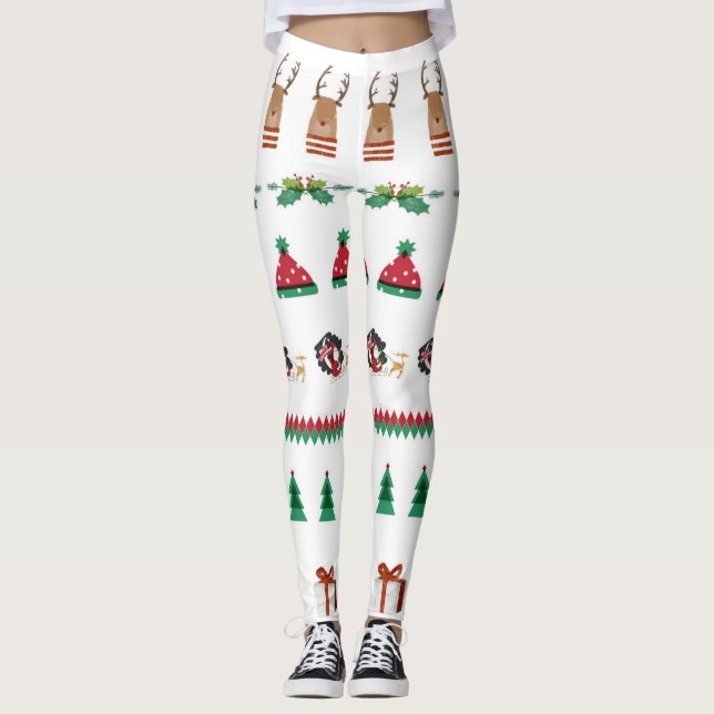 Leggings  Christmas Tree Santa Reindeer Red Green (Front)