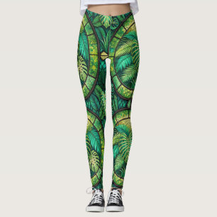 Leggings featuring a vibrant green tropical leaf 