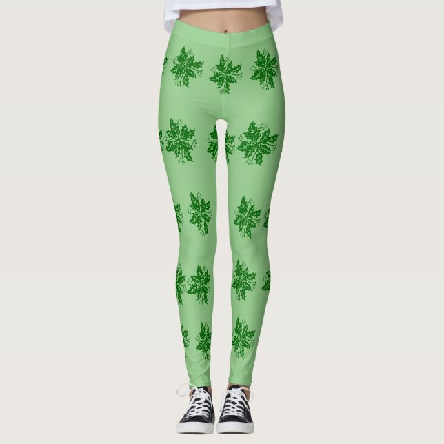 Leggings - Green Holly Branches (Front)