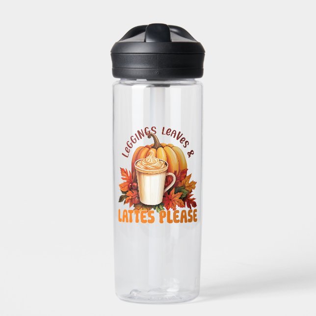 Leggings, Leaves & Lattes Please – Fall Aesthetic Water Bottle (Front)