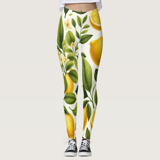 Leggings - Lemons, Green Leaves, Flowers (Front)