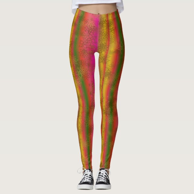Leggings Multicolor Stripes with Faux Gold Stars (Front)