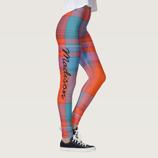 Leggings Tartan YOUR NAME Red Blue S to XL (Right)