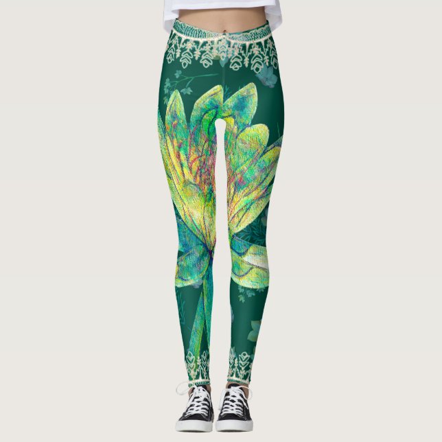 Leggings, Wild Hunter Green Water Lily Leggings (Front)