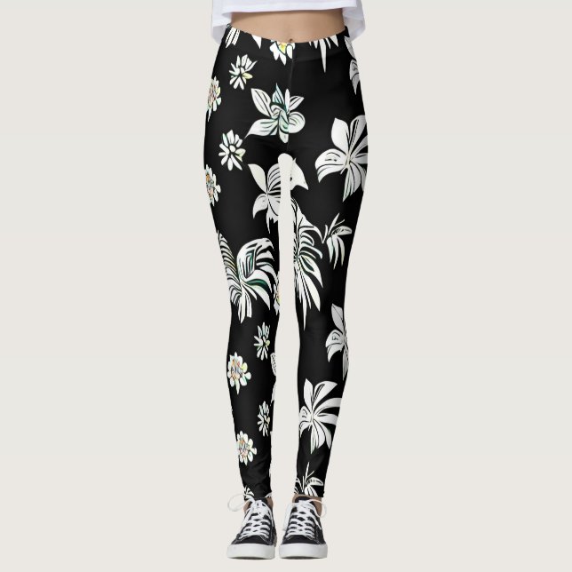 Leggings with black and white style flowers (Front)