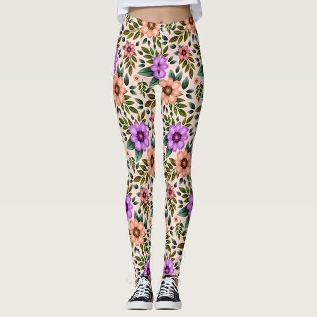 Leggings with vibrant floral pattern in purple (Front)