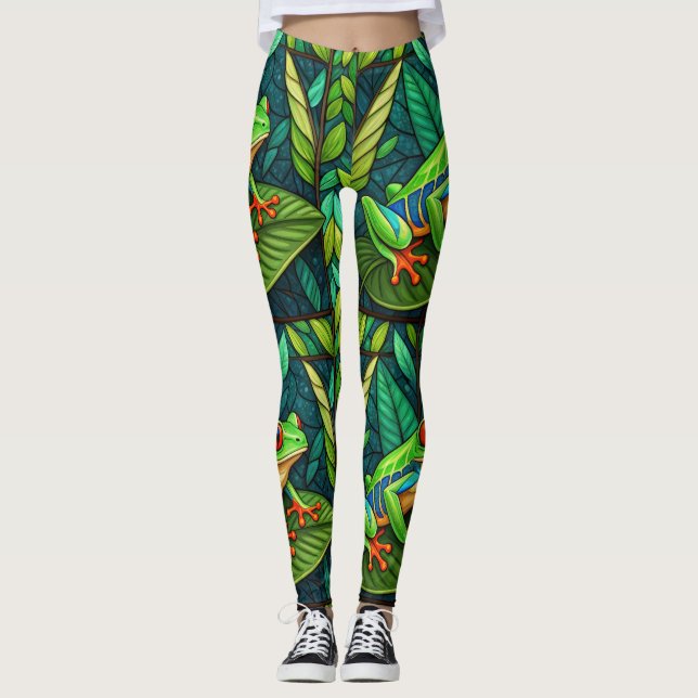 Leggings with vibrant green leaves and colourful  (Front)
