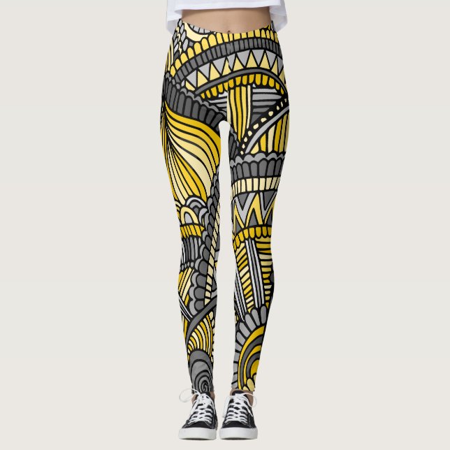 Leggings, Yellow and Grey Zendoodle Pattern Leggings (Front)