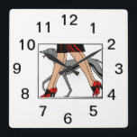 Legs Art Deco Women Greyhound Whippet Dog R Square Wall Clock<br><div class="desc">Legs: Vintage Art Deco Women Greyhound Whippet Dog R - Red ======= =

Customisable invitations and accessories with a stylised vintage art deco image of fashionable 1920s - 1930s women,  shown with their legs only,  walking a greyhound / whippet dog on a leash.

 2017 ©ItsMyPartyDesigns All rights reserved</div>