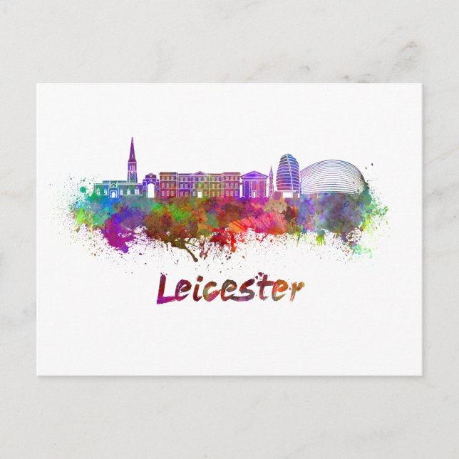 Leicester skyline in watercolor postcard (Front)