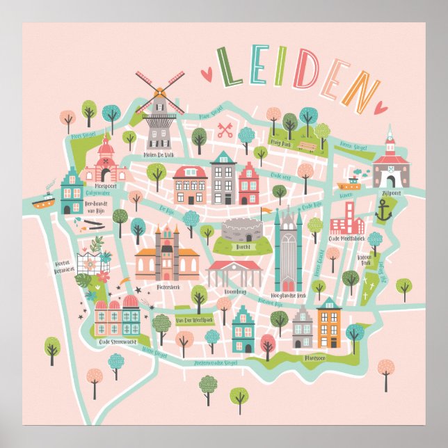 Leiden City Illustrated Map pink Poster (Front)