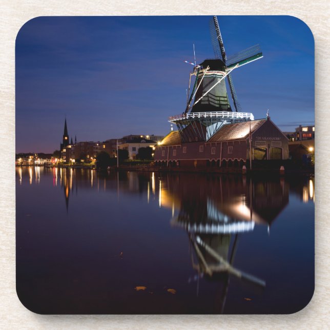 Leidschendam windmill with reflection at night coaster (Front)