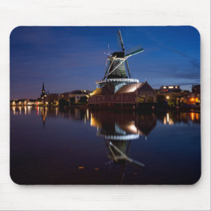 Leidschendam windmill with reflection at night mouse mat