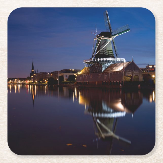 Leidschendam windmill with reflection at night square paper coaster (Front)