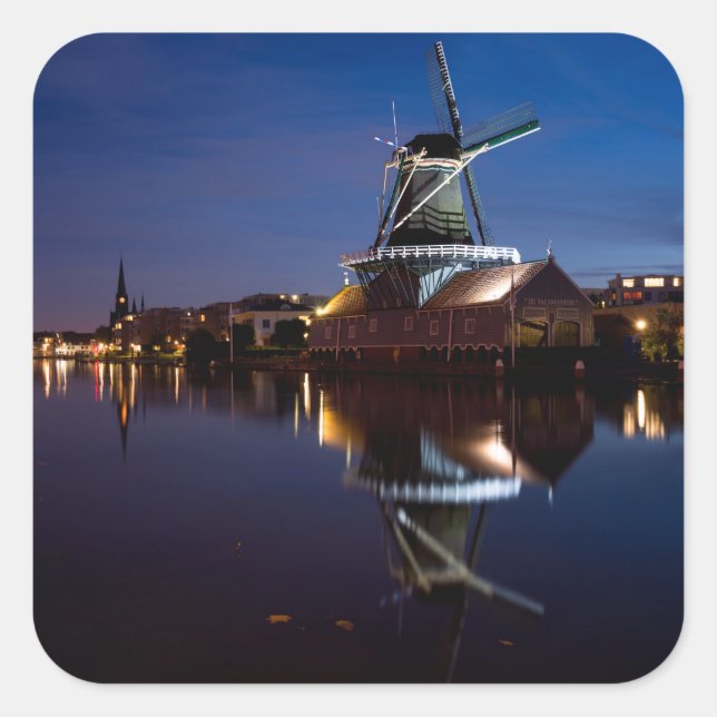 Leidschendam windmill with reflection at night square sticker (Front)