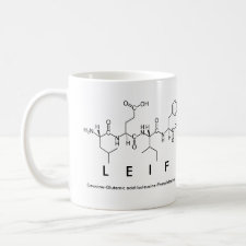 Mug featuring the name Leif spelled out in the single letter amino acid code