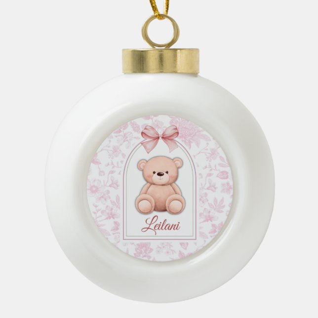 Leilani | Custom Pink Teddy Bear Nursery Design  Ceramic Ball Christmas Ornament (Front)