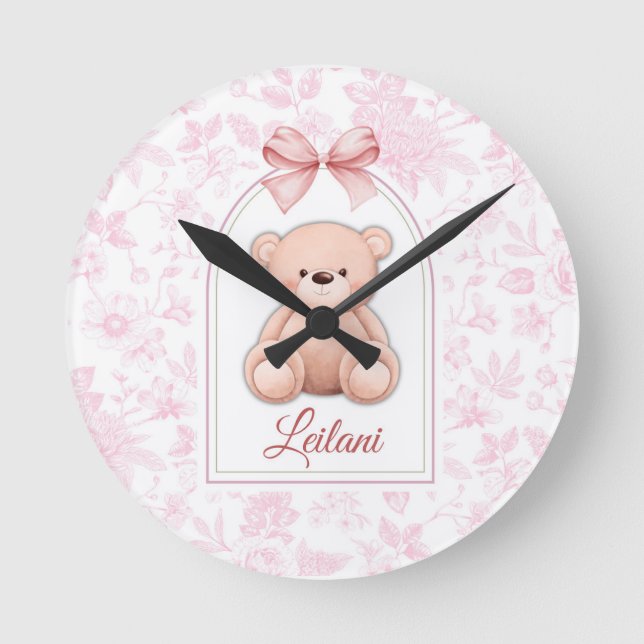 Leilani | Custom Pink Teddy Bear Nursery Design  Round Clock (Front)