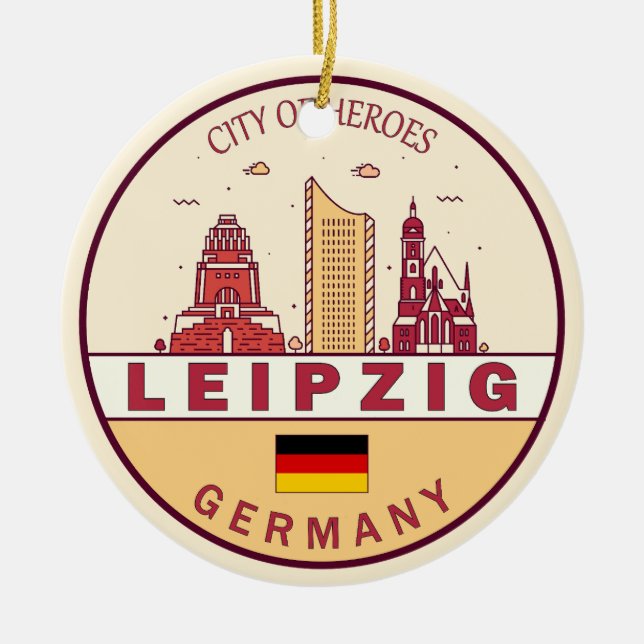 Leipzig Germany City Skyline Emblem Ceramic Tree Decoration (Front)