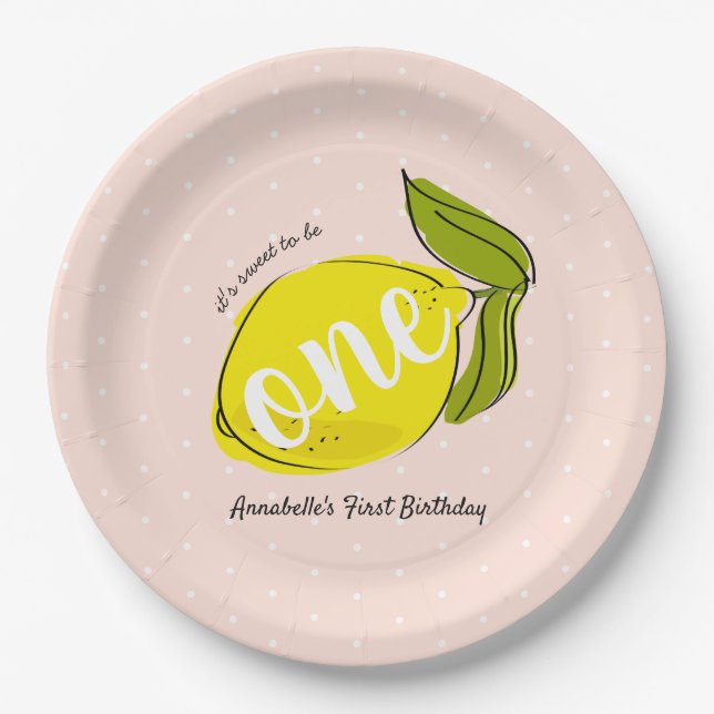 Lemon 1st Birthday Blush Pink Paper Plate (Front)