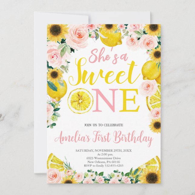 Lemon 1st Birthday, Citrus Party Girl 1st Birthday Invitation (Front)