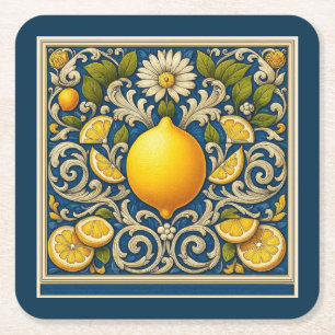 Lemon Almafi Blue Mediterranean Art Nouveau Square Paper Coaster
