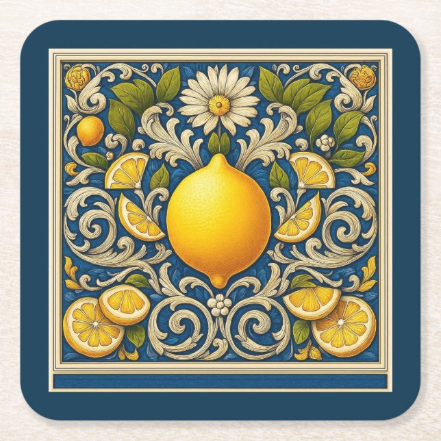 Lemon Amalfi Blue Mediterranean Art Nouveau Square Paper Coaster (Front)