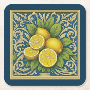 Lemon Amalfi Blue Mediterranean Art Nouveau Square Paper Coaster