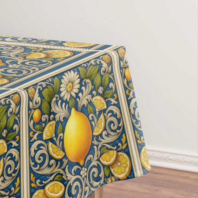 Lemon Amalfi Blue Mediterranean Art Nouveau Tablecloth (In Situ)