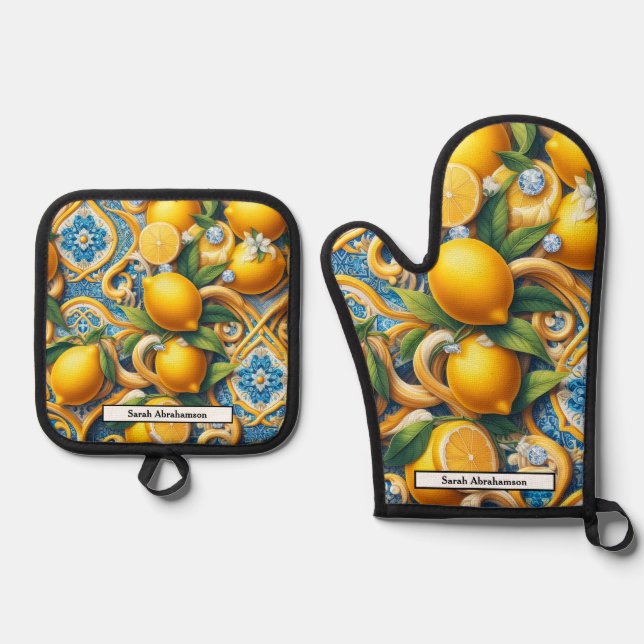 Lemon Amalfi Coast Diamonds Oven Mitt & Pot Holder Set (Front)