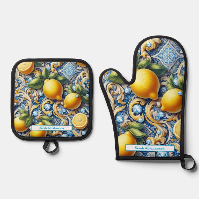 Lemon Amalfi Coast Diamonds Oven Mitt & Pot Holder Set (Front)
