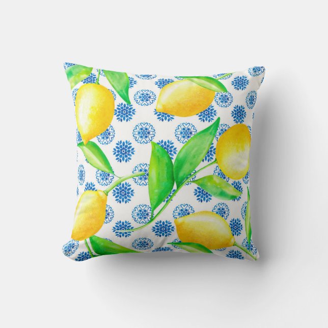 Lemon and Azulejos Blue and White Cushion (Front)
