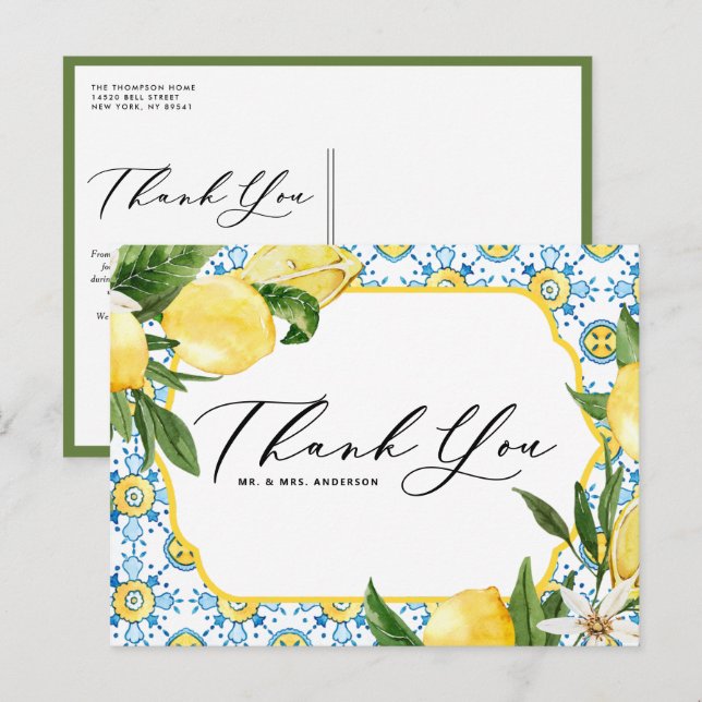 Lemon and Blossoms Mediterranean Wedding Thank You Postcard (Front/Back)