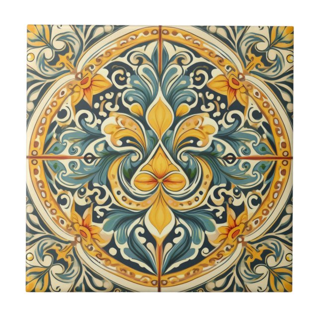 Lemon and Blue Azulejo Lisbon Patterned Talavera   Tile (Front)