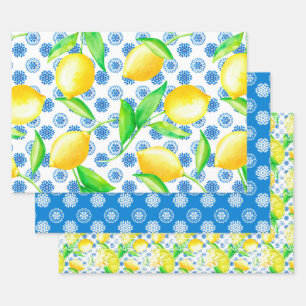 Lemon and Blue Azulejos Pattern Wrapping Paper Sheet