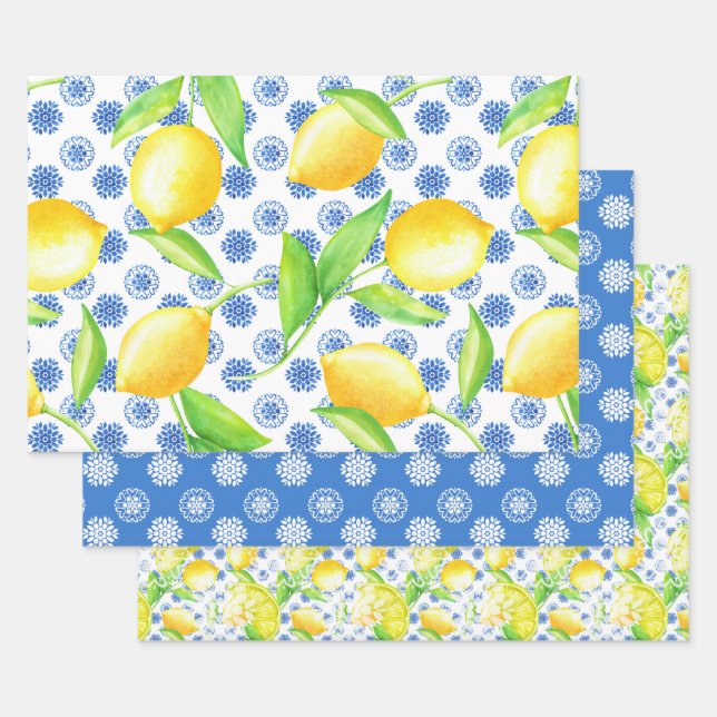 Lemon and Blue Azulejos Pattern Wrapping Paper Sheet (Set)