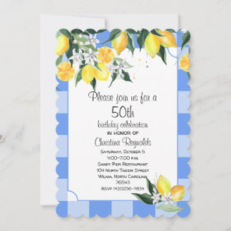 Lemon and Blue Gingham 50th Birthday Invitation