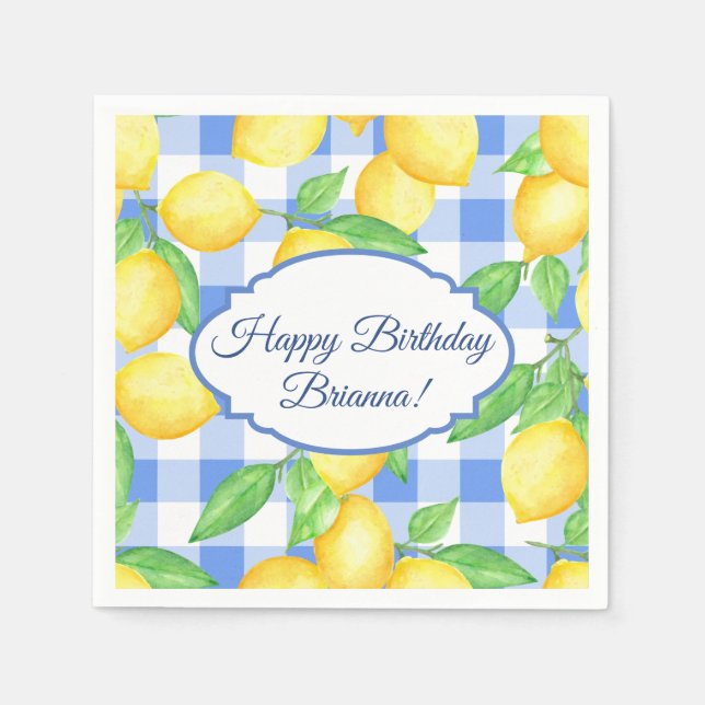 Lemon and Blue Gingham Birthday Napkin (Front)