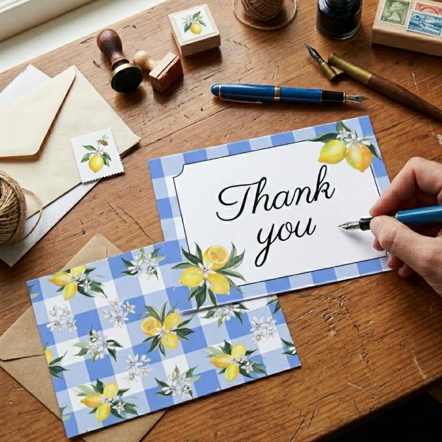 Lemon and Blue Gingham Thank You Card (Creator Uploaded)