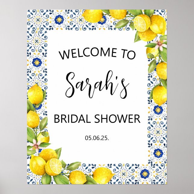Lemon and Blue Tiles Bridal Shower Welcome Sign (Front)