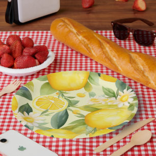 Lemon and Daisy Watercolor Pattern Paper Plate