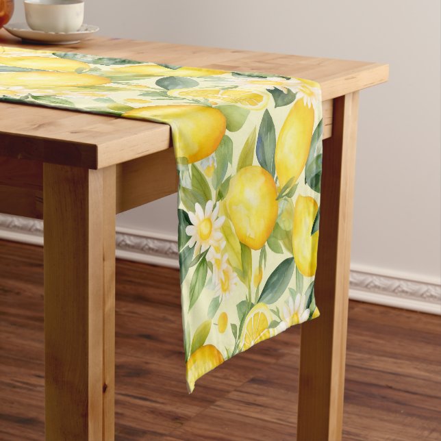 Lemon and Daisy Watercolor Pattern Short Table Runner (In Situ)
