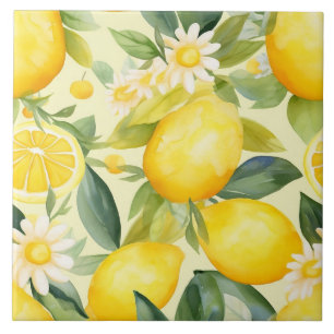 Lemon and Daisy Watercolor Pattern Tile