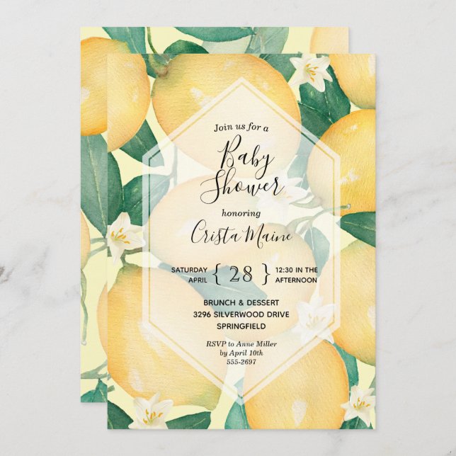 Lemon and Greenery Baby Shower Invitations (Front/Back)