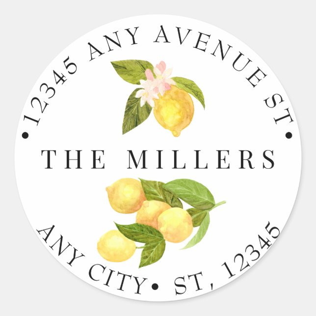 Lemon and Greenery | Return Address Classic Round Sticker (Front)