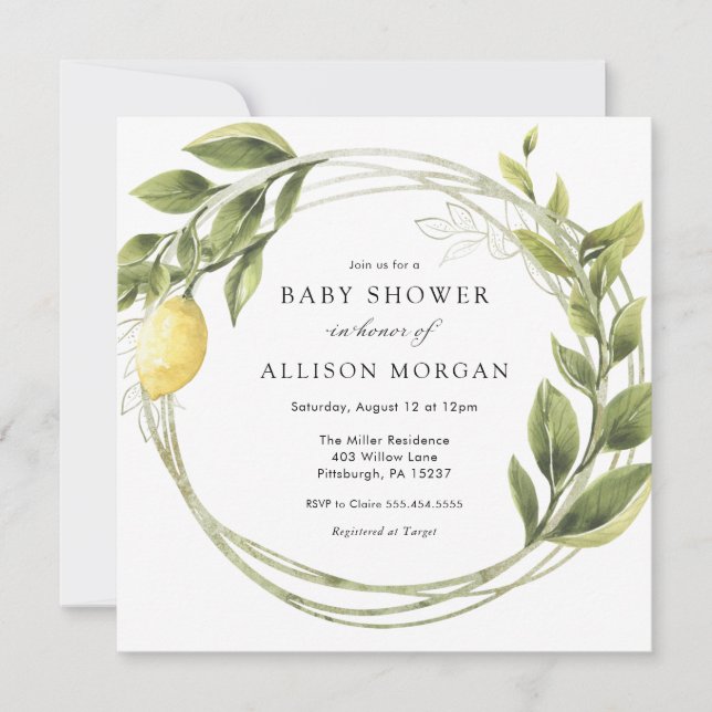 Lemon and Greenery Wreath Baby Shower Invitation (Front)