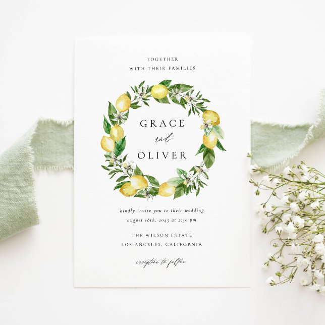 Lemon and Greenery Wreath QR Code Wedding Invitation (Customizable QR Code Wedding Invitation with Watercolor Lemons, Blossoms & Greenery)