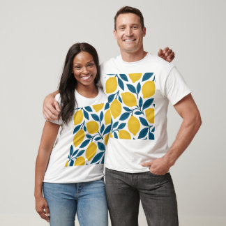 Lemon and Indigo Leaf Botanical Pattern T-Shirt