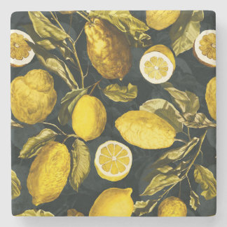 Lemon and Leaf Pattern V Stone Coaster